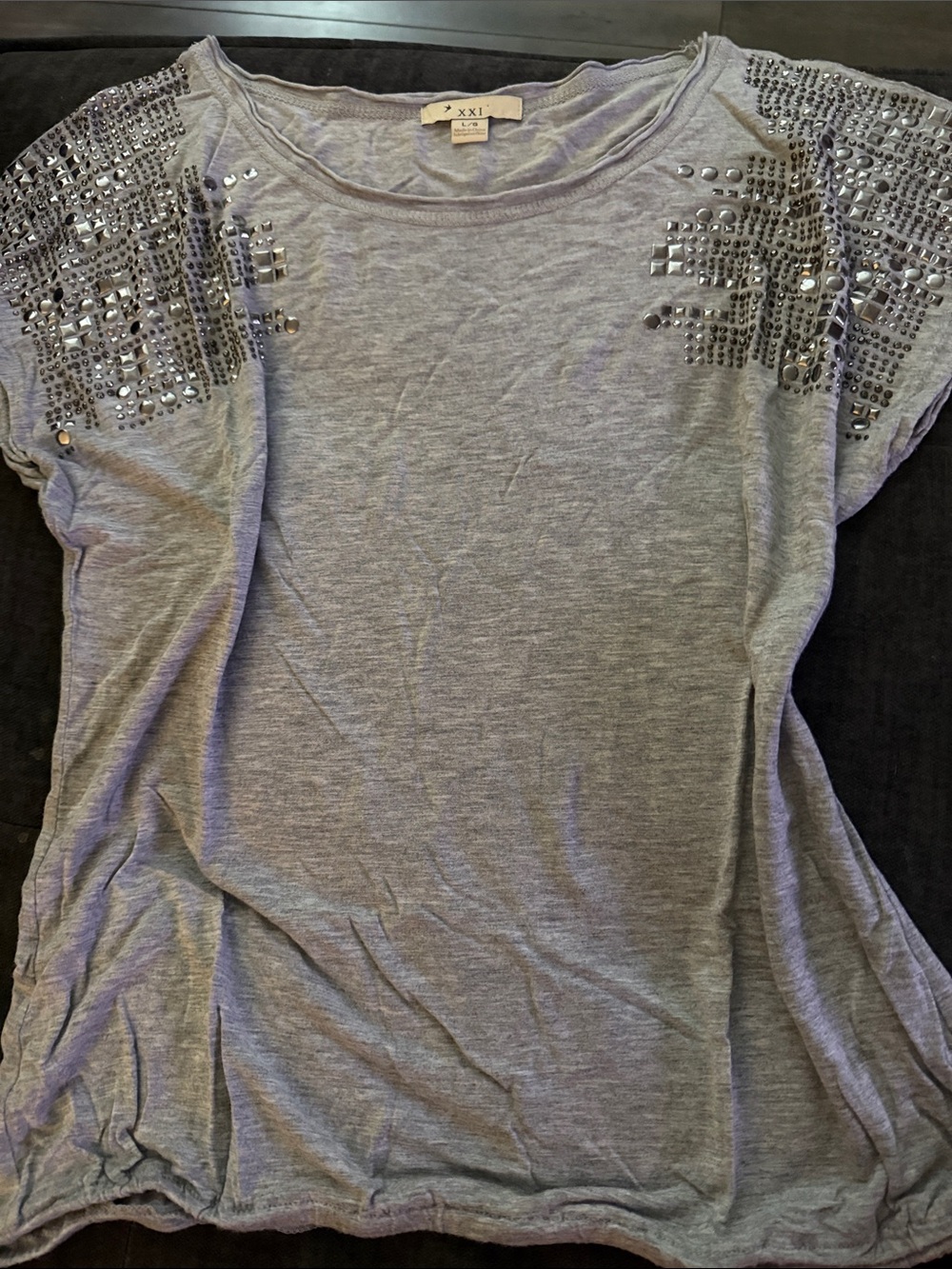 Forever 21 Gray Short-Sleeve Tee with Rhinestone Embellished Shoulders